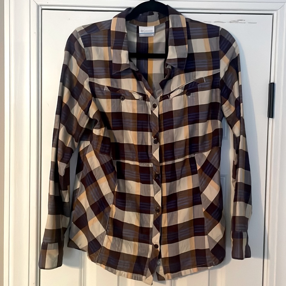 Columbia Women's Purple Plaid Flannel Button Down LS Shirt Size Medium